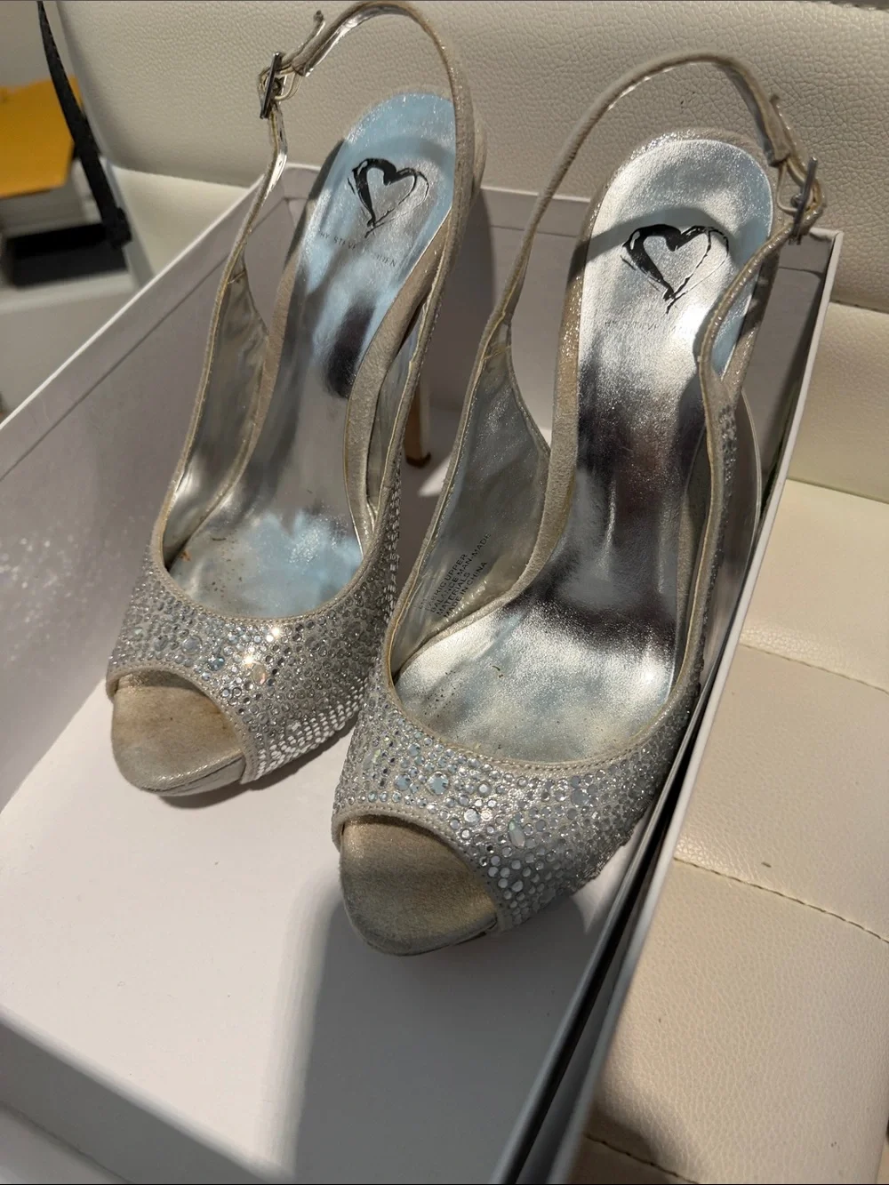 Steve Madden Silver Rhinestone Peep-Toe Slingback Heels